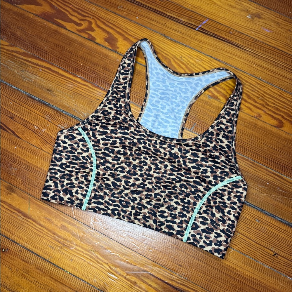 Fabletics Leopard Print Sports Bra with Seafoam Trim